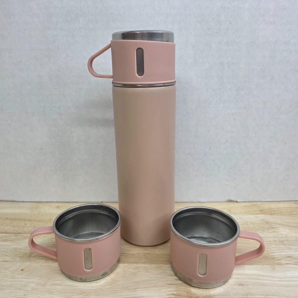 NeoFlam Pink Vacuum Insulated Thermos Flask Travel Bottle w/ 3 Cups Stainless St